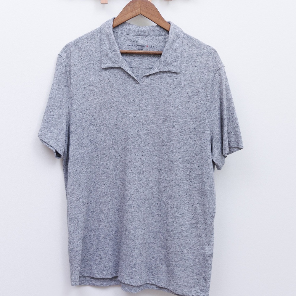 John Varvatos USA Luxe Mens Heather Grey Slub Knit V-Neck Polo Shirt Large